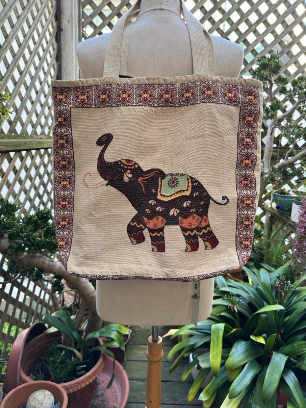 Beige Tote Bag with Embroidered Decorative Elephant 15x18x4”
10” Handle